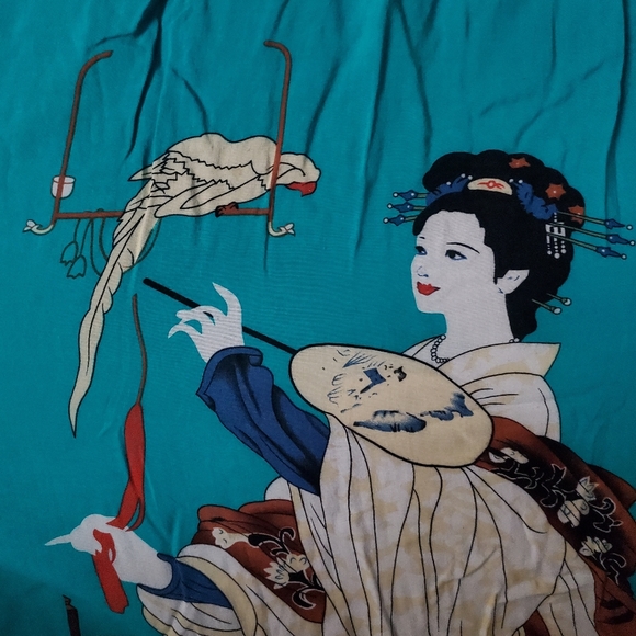 Novelty Japanese "Lady & Parrot" Vintage 90's Turquoise Summer Dress - Picture 4 of 7